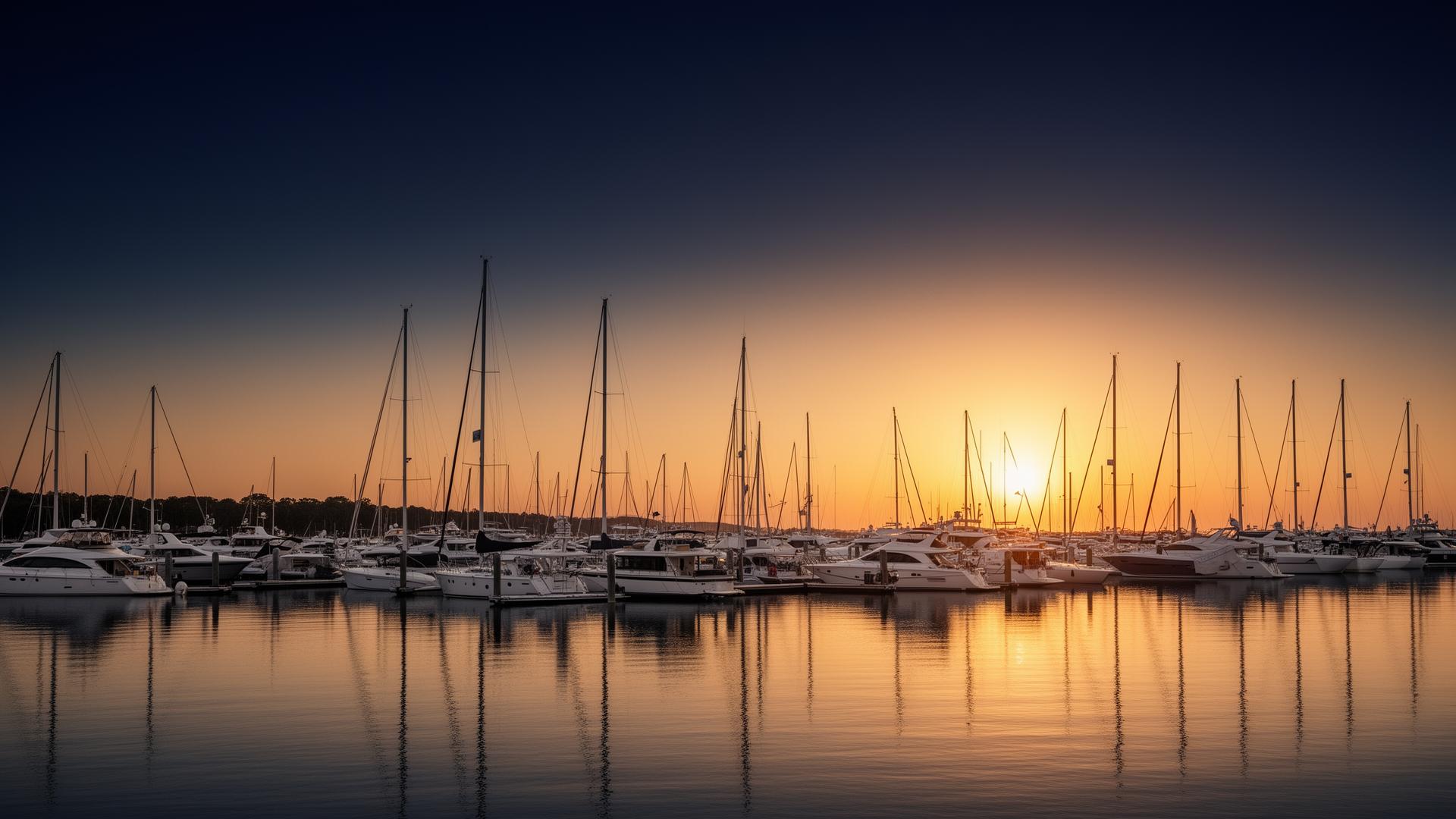 Sailboats moored at a West Island marina at sunset