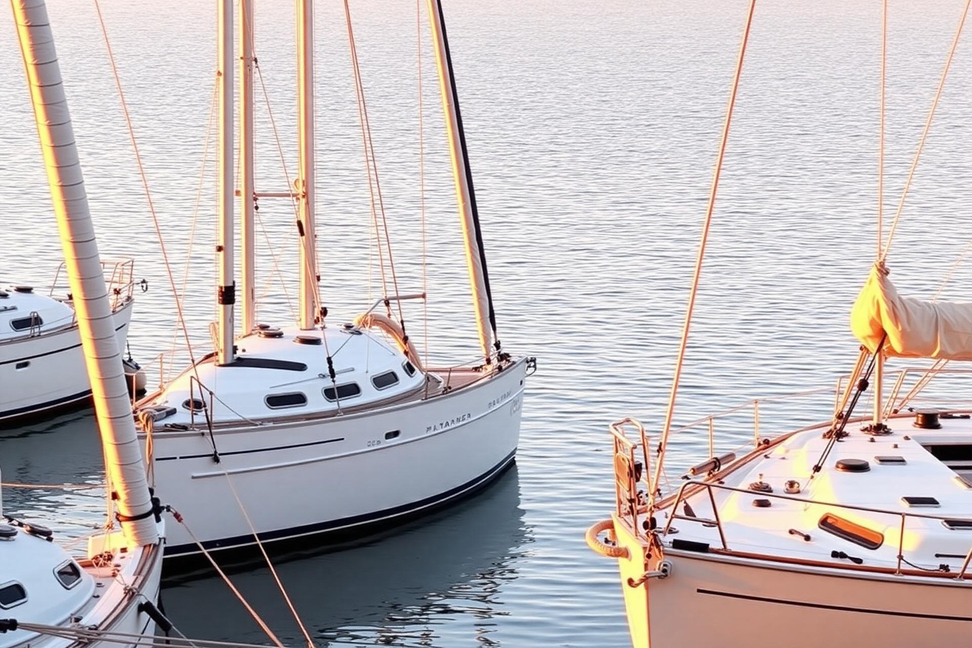 Sailboats moored at sunset